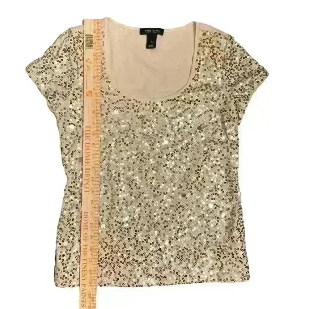 White House Black Market WHBM Beige Gold Sequin Shirt. Size S - Picture 5 of 8